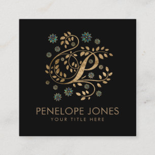 Luxury Golden Calligraphy Monogram with letter P Square Business Card