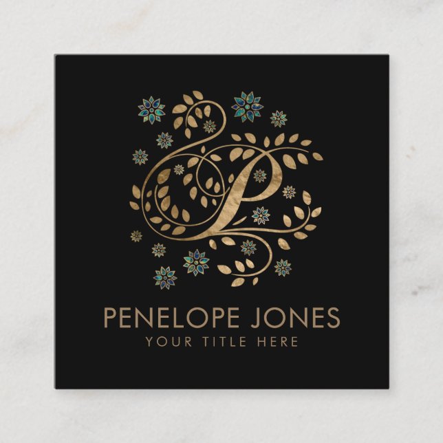 Luxury Golden Calligraphy Monogram with letter P Square Business Card (Front)