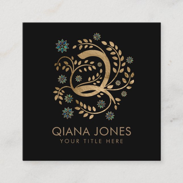 Luxury Golden Calligraphy Monogram with letter Q Square Business Card (Front)