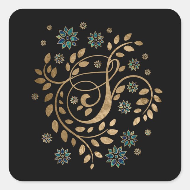 Luxury Golden Calligraphy Monogram with letter S Square Sticker (Front)