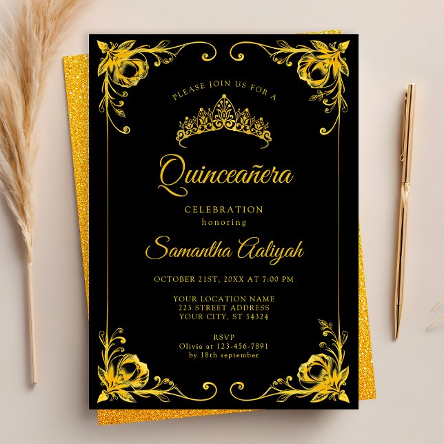 Luxury Golden Crown Black and Gold Quinceanera Invitation (Creator Uploaded)