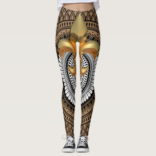Luxury Golden Fleur-de-Lis Mandala Black Pattern  Leggings