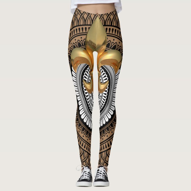 Luxury Golden Fleur-de-Lis Mandala Black Pattern  Leggings (Front)