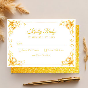 Luxury Golden Floral White and Gold Quinceanera RSVP Card
