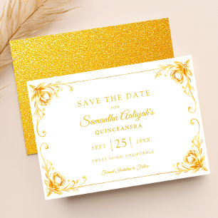 Luxury Golden Floral White and Gold Quinceanera Save The Date