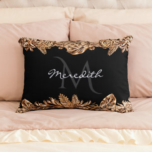 Luxury Golden Flowers Elegant Chic Classy Black Decorative Cushion
