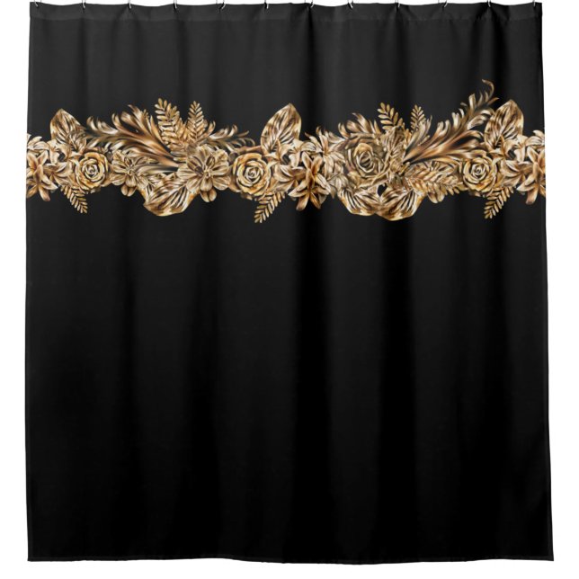    Luxury Golden Flowers Elegant Chic Classy Black Shower Curtain (Front)