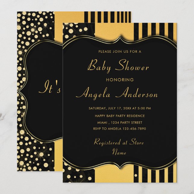 Luxury Golden Framed Baby Girl Shower Invitation (Front/Back)