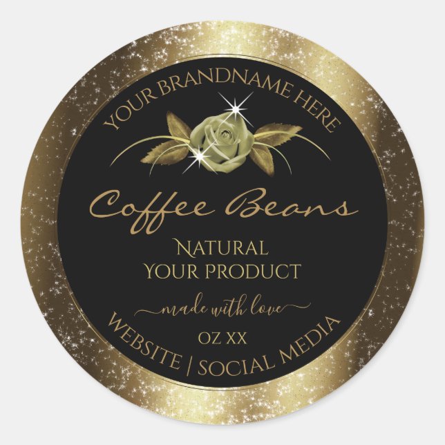 Luxury Golden Glitter Floral Black Product Labels (Front)