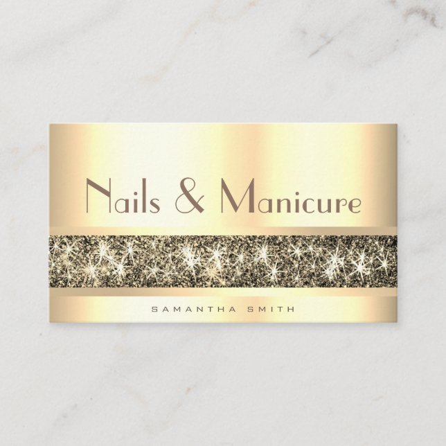 Luxury Golden Glitter Sparkle Nails and Manucure Business Card (Front)