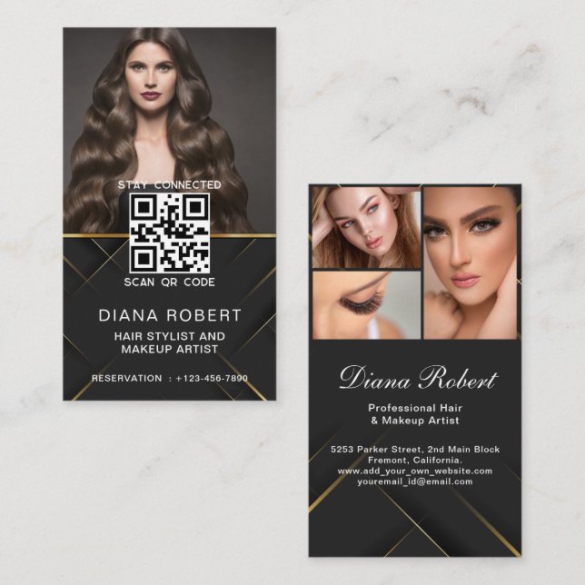 Luxury Golden hair stylist Makeup Artist Salon qr Business Card (Front/Back)