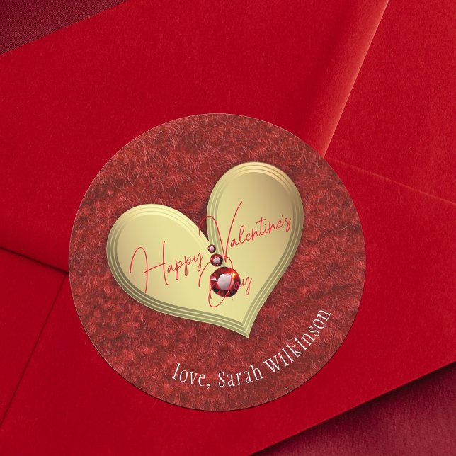 Luxury Golden Heart with Red Gems Valentine's Day Classic Round Sticker (Creator Uploaded)