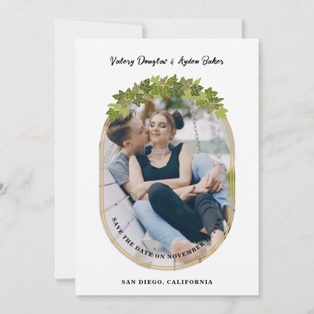 Luxury Golden Ivi Leaves Oval Frame Chic Photo Save The Date (Front)