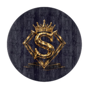 Luxury Golden Letter S Crown Diamond Monogram Cutting Board