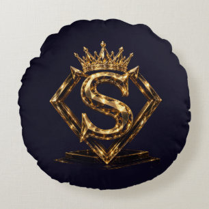 Luxury Golden Letter S Crown Diamond Monogram Round Cushion