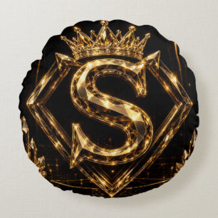 Luxury Golden Letter S Crown Diamond Monogram Round Cushion