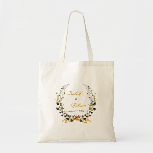 Luxury Golden Noir Wedding Monogram Tote Bag (Front)
