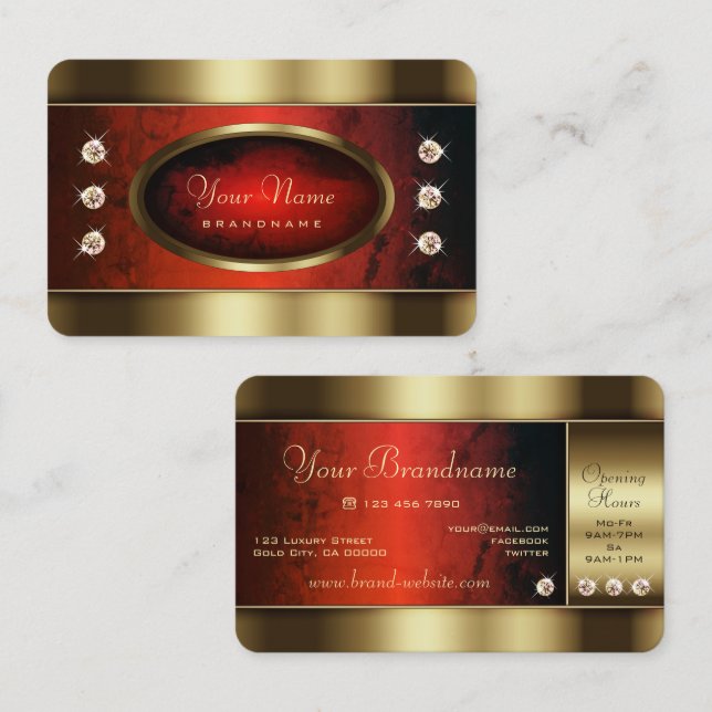 Luxury Golden with Red Marble Pattern and Diamonds Business Card (Front/Back)