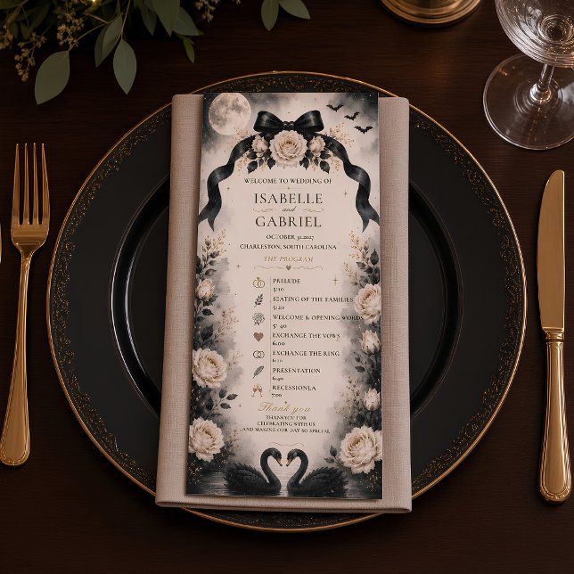 Luxury Gothic Black Bow Wedding Program | Moonlit  Menu (Creator Uploaded)