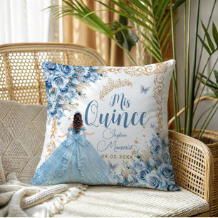 Luxury Gown Baby Blue Gold Mis Quince Princess Cushion