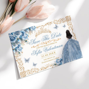Luxury Gown Baby Blue Gold Princess Quinceanera Save The Date
