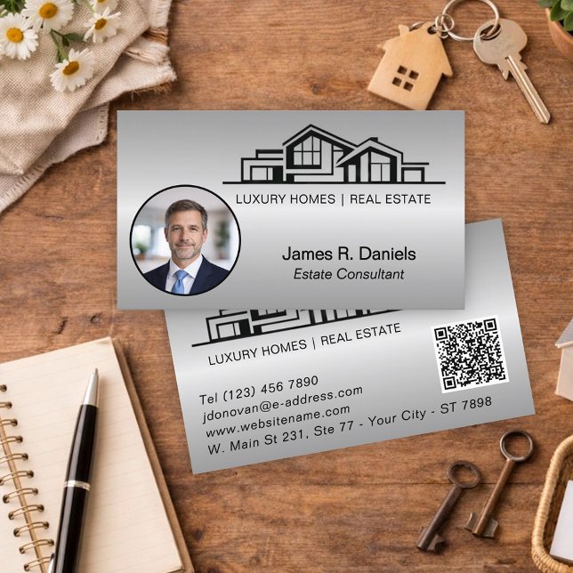 Luxury Gray Silver Real Estate Chic Professional Business Card (Creator Uploaded)