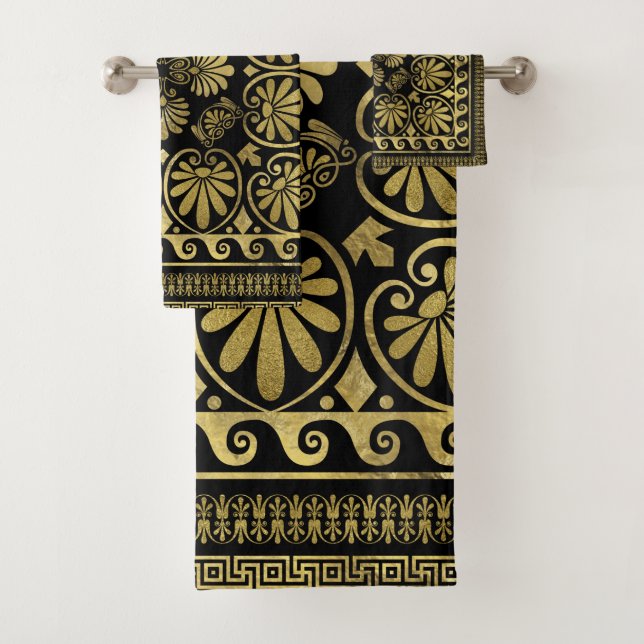Luxury Greek Ornament Black and Gold Bath Towel Set (Insitu)
