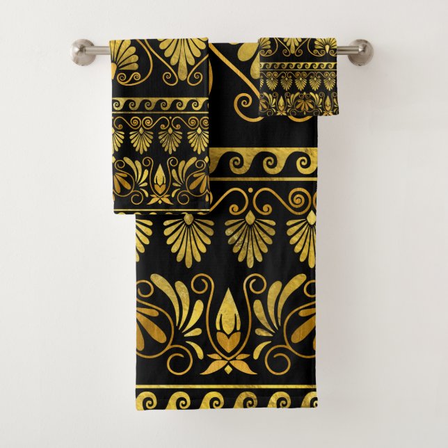 Luxury Greek Ornament Black and gold Bath Towel Set (Insitu)