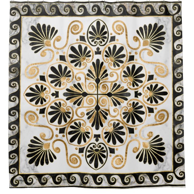 Luxury Greek Ornament Black and White Marble Shower Curtain (Front)