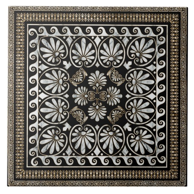 Luxury Greek Ornament Black and White Marble Tile (Front)