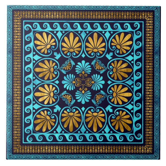 Luxury Greek Ornament Blue glass and Gold Tile (Front)