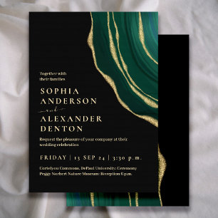 Luxury green and gold agate dark wedding invitation