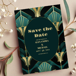 Luxury Green and Gold Art Deco Wedding  Save The Date