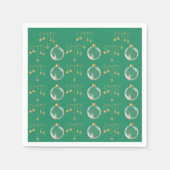 Luxury Green and Gold Bauble Christmas Napkin (Front)