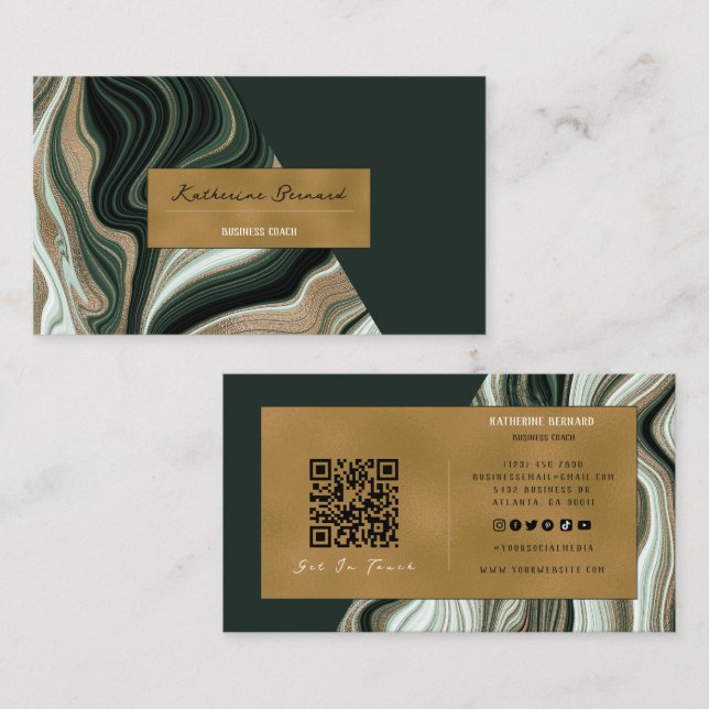Luxury Green and Gold Marble Business Coach Card (Front/Back)