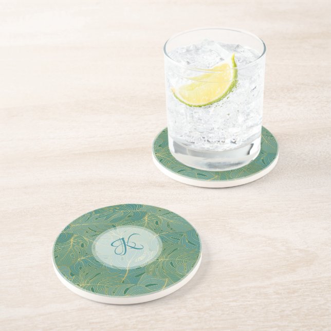 Luxury green and gold palm leaves pattern coaster (Side)