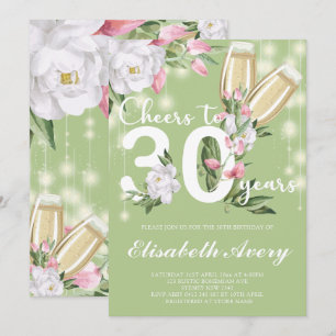 Luxury Green Champagne Floral 30th Birthday Party Invitation