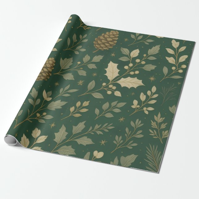 Luxury Green & Champagne Forest Gold Christmas Wrapping Paper (Unrolled)