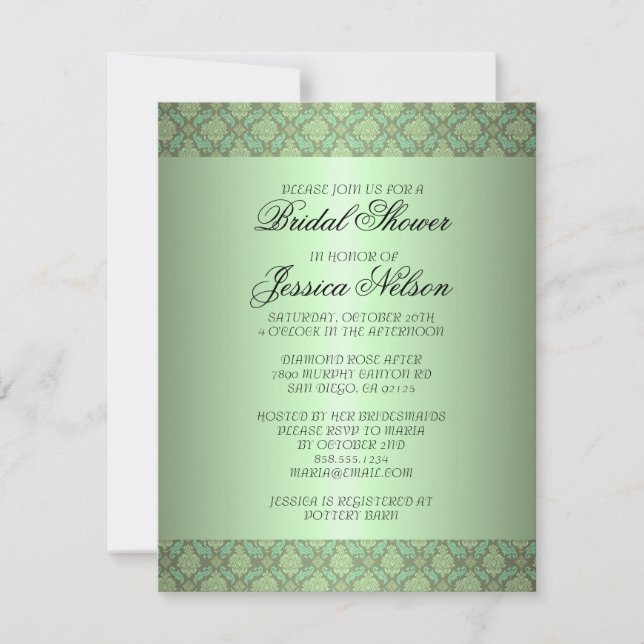 Luxury Green Damask Swirls Bridal Invitation (Front)