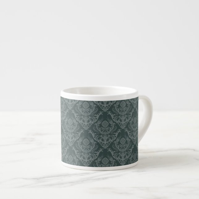 Luxury green floral damask wallpaper espresso cup (Front Right)