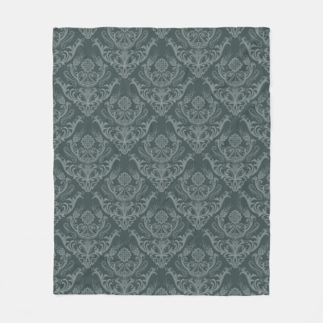Luxury green floral damask wallpaper fleece blanket (Front)