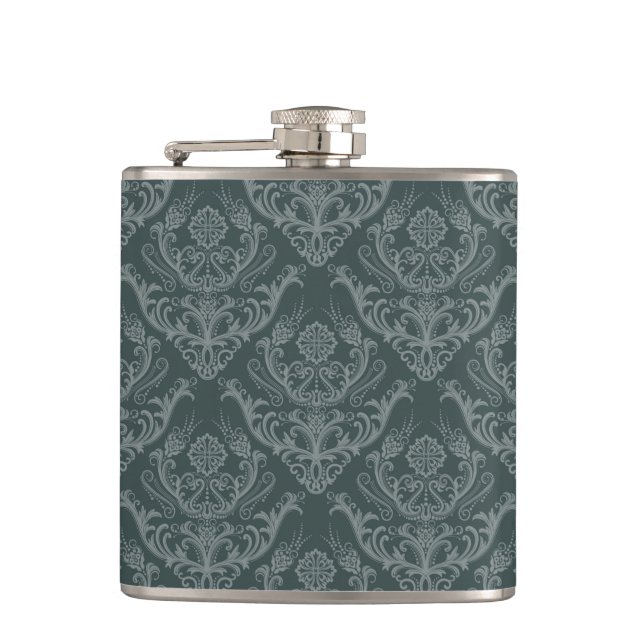 Luxury green floral damask wallpaper hip flask (Front)