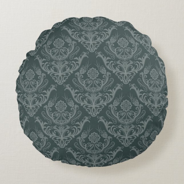 Luxury green floral damask wallpaper round cushion (Front)