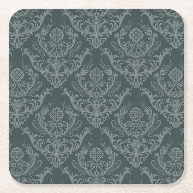 Luxury green floral damask wallpaper square paper coaster (Front)