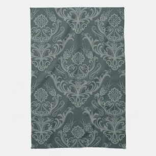 Luxury green floral damask wallpaper tea towel