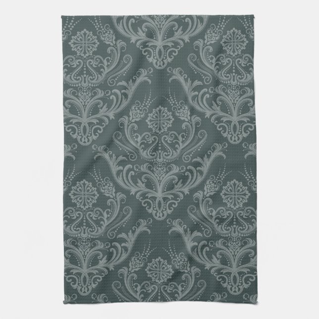 Luxury green floral damask wallpaper tea towel (Vertical)