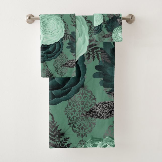 LUXURY GREEN FLORAL HAMPTON TOWEL SET (Insitu)