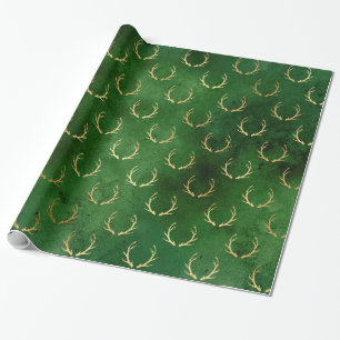 LUXURY GREEN GOLD CHRISTMAS Reindeer  Wrapping Paper