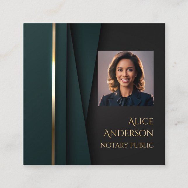 Luxury green gold elegant notary square photo square business card (Front)