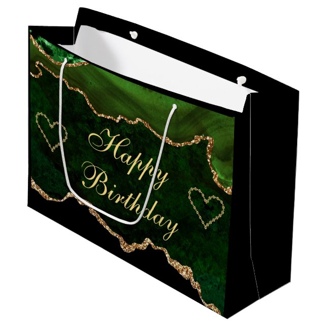 Luxury Green & Gold Glitter Agate Happy Birthday Large Gift Bag (Front Angled)